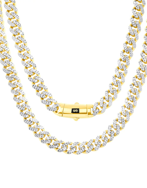 Load image into Gallery viewer, 10K Real Yellow Gold Royal Monaco 7.5Mm Miami Cuban Diamond Cut Pave Link Necklace (18"-30") Two Tone Italian Jewelry for Men
