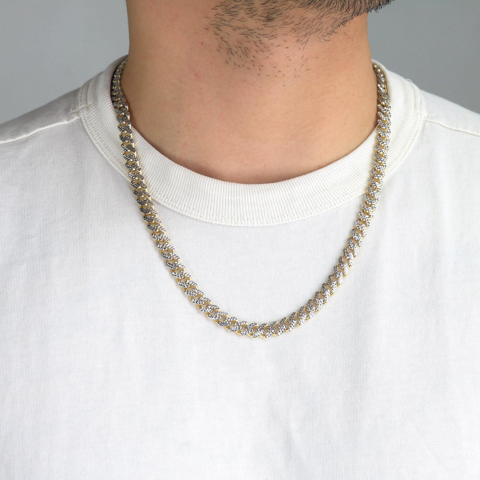 10K Real Yellow Gold Royal Monaco 7.5Mm Miami Cuban Diamond Cut Pave Link Necklace (18"-30") Two Tone Italian Jewelry for Men