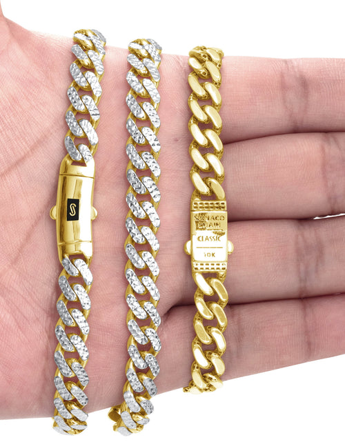 Load image into Gallery viewer, 10K Real Yellow Gold Royal Monaco 7.5Mm Miami Cuban Diamond Cut Pave Link Necklace (18"-30") Two Tone Italian Jewelry for Men
