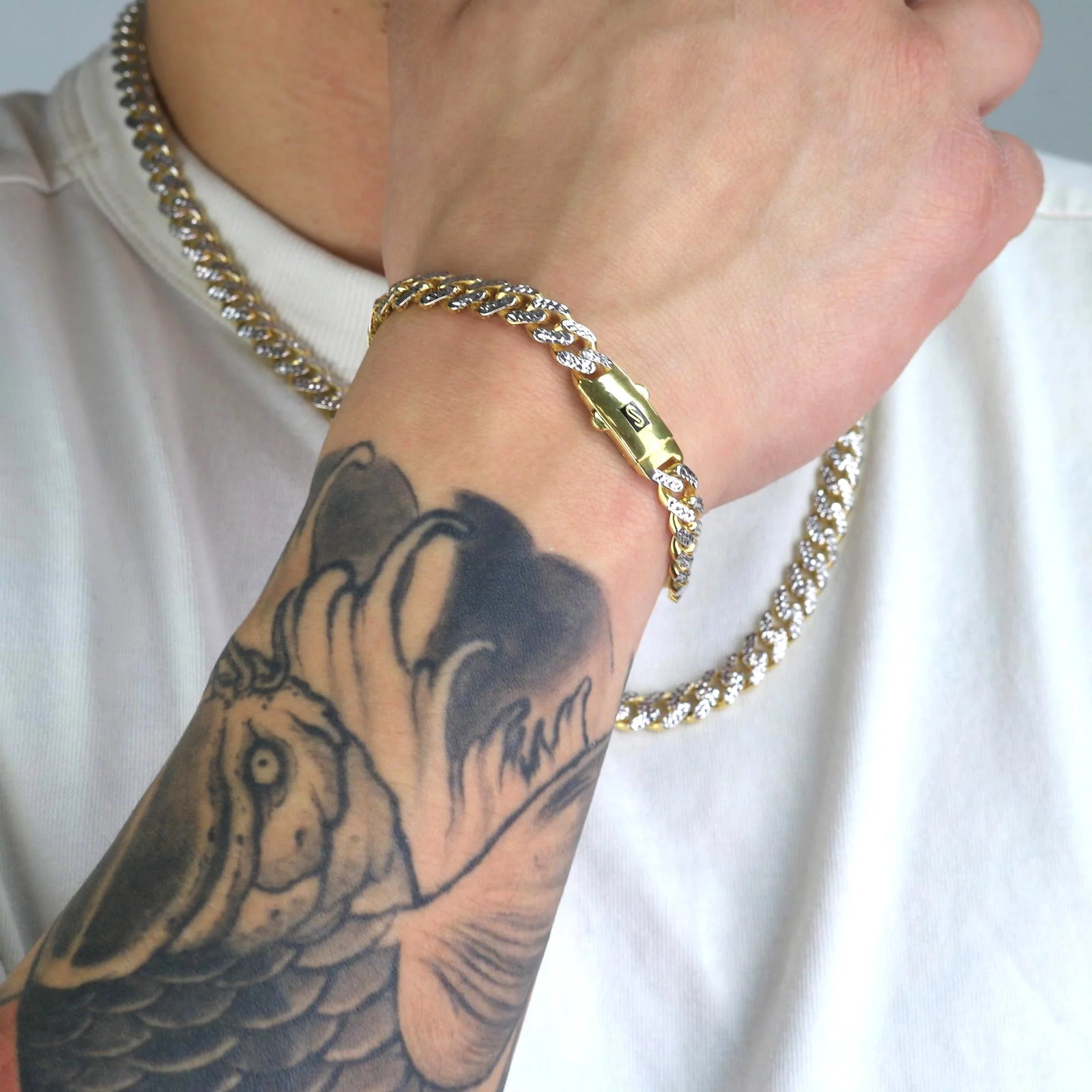 10K Real Yellow Gold Royal Monaco 7.5Mm Miami Cuban Diamond Cut Pave Link Necklace (18"-30") Two Tone Italian Jewelry for Men