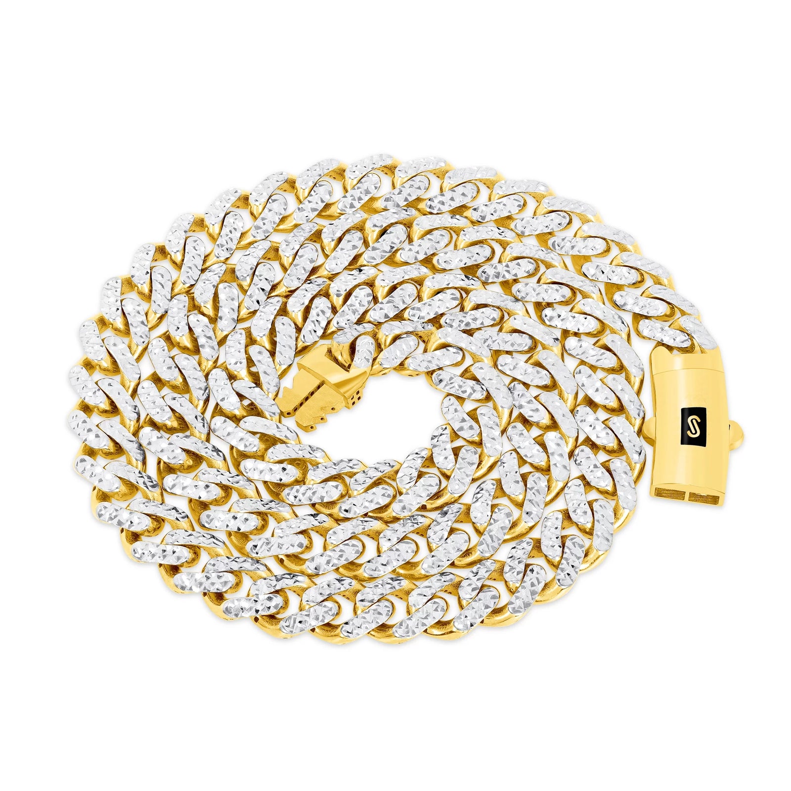 10K Real Yellow Gold Royal Monaco 7.5Mm Miami Cuban Diamond Cut Pave Link Necklace (18"-30") Two Tone Italian Jewelry for Men