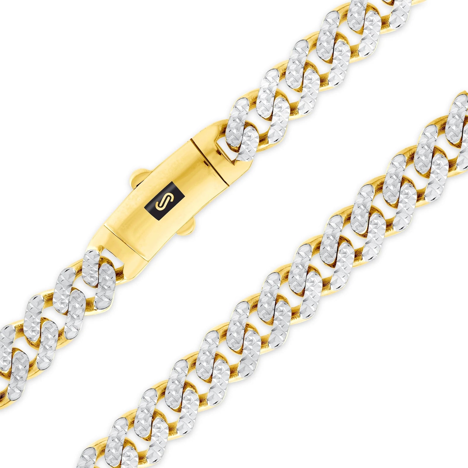 10K Real Yellow Gold Royal Monaco 7.5Mm Miami Cuban Diamond Cut Pave Link Necklace (18"-30") Two Tone Italian Jewelry for Men